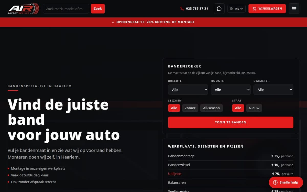 Startpagina van AIR Bandenservice met de bandenzoeker op breedte, hoogte, diameter, seizoen en staat, en de werkplaatsprijzen voor montage en balanceren